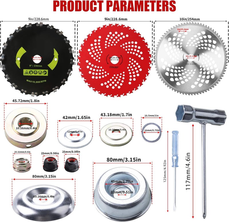 Azushwer 9" x 36 Teeth Carbide Tipped Blades & 9" x20T Carbon Steel Round Chainsaw Tooth Blades & 10" x 80T Brush Cutter Trimmer Blades with Adapter Kit - Image 2
